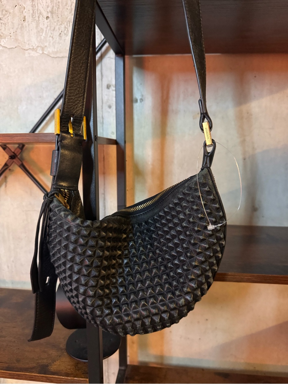 Allsaints Black Textured Crescent Shoulder Bag EUC